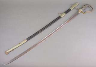 A 19th Century German dove's head sword with 82cm unmarked blade, complete with leather scabbard 