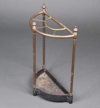A Victorian gilt metal crescent shaped umbrella stand with iron drip tray 59cm h x 40cm w x 20cm 