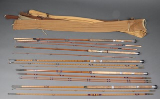An Alpen Smith Ltd. "The Warrior" 3 section split cane fishing rod in a brown cloth bag together with a C Farlow and Company Holdfast twin section fishing rod in a cloth bag, a Scottie Intrepid "The Aberdeen" twin section rod with spare tip, an Intrepid 3 section rod in a fabric case and a J S Sharpee twin section rod in brown fabric case, 