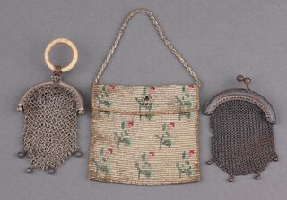 A 19th Century bead work purse decorated with roses 10cm, 2 metal mesh purses 
