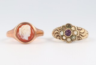 A 9ct yellow gold cameo set ring, size M and an in memoriam ditto (cut), 5.3 grams 