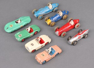 A 23A racing car (1946-52, 3rd Cast), 23F Alfa Romeo racing car, 23H Ferrari racing car, 23K Talbot-Largo racing car, 103 Austin Healy in cream, 110 Aston Martin DB3S in mid green, Triumph TR2 sports car in salmon pink and a 236 Connaught racing car 