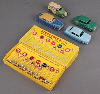 Dinky Toys, a 159 Morris Oxford (green body), 162 Ford Zephyr in 2 tone blue, a 171 Hudson Commodore Sedan in deep blue with tan roof, a repainted 280 delivery van (ridged hubs) together with a Dinky Toys No.771 International road sign set 
