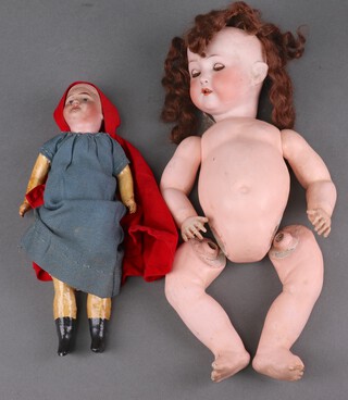 A Heubach & Koppelsdorf bisque headed doll marked 320.3/o (head & limbs detached, no clothes) together with a SFBJ doll impressed SFJY PARIS 60 12/0 having articulated papier mache limbs, bisque head,  dressed in blue smock and red cape 26cm l