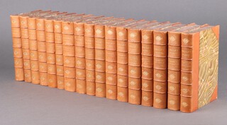 Carlyle Thomas - Carlyle's Works in 18 volumes, London Chapman and Hall 1893-95, 3/4 bound in light brown calf and gilt, spine with raised bands, marbled front boards, paste down and book block, 12mo