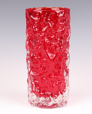 A Whitefriars cylindrical red barked glass vase 18cm 