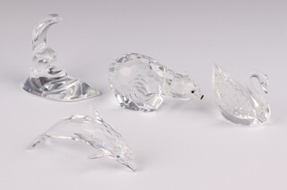 Three Swarovski Crystal glass figures - polar bear 4cm, swan 5cm and dolphin 7cm 