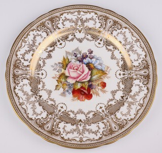 An Aynsley cabinet plate decorated by Joseph A Bailey (1937-1974) with roses to the centre and with gilt banding, the reverse marked Aynsley Bone China 7935X, 26cm diam. 