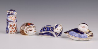 Four Royal Crown Derby Imari pattern paperweights - duck LXIX with gold stopper 12cm, hedgehog Hawthorn MMIV with gold stopper, seated fox 14 K with gold stopper and a ferret silver stopper