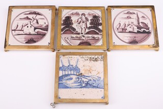 A 19th Century blue Delft pottery tile decorated a running figure and in a gilt metal mount 13cm x 13cm together with 3 brown glazed Delft tiles mounted as teapot stands