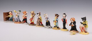 A Beswick 10 piece cat band comprising Purrfect Pitch CC1, Calypso Kitten CC2, One Cool Cat CC3, Ratcatcher Bilk CC4, Trad Jazz Tom CC5, Catwalking Base CC6, Feline Flamenco CC7, Bravura Bass CC8 (French horn loose), Fat Cat CC9 and Glam Guitar CC10