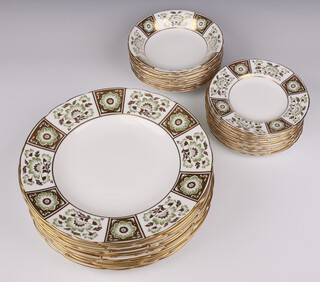 A 30 piece Royal Crown Derby Green Derby Panel dinner service, the reverse marked A1237 L111 comprising 10 dinner plates, 10 tea plates and 10 pudding bowls 