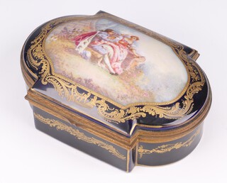 A 20th Century French Sevres style gilt mounted trinket box with a fete gallant scene, signed A Gilbert, the dark blue ground with gilt scrolling decoration 20cm 