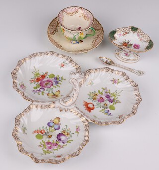 A 19th Century Meissen pedestal table salt decorated with fete gallant scene and flowers 10cm, together with a similar spoon decorated with a figure in landscape with butterfly handle and gilt decoration 10cm, a Dresden 3 section hors d'oeuvres dish 26cm and a Meissen tea cup and saucer decorated flowers 