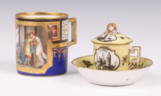 A 19th Century Austrian cabinet cup decorated with classical figures and animals on a dark blue ground 9cm, a Meissen cabinet cup and saucer with lid, the yellow ground decorated with panels of townscapes and boats 