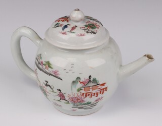 A 19th Century Chinese bulbous teapot and cover decorated with a hunting scene 13cm