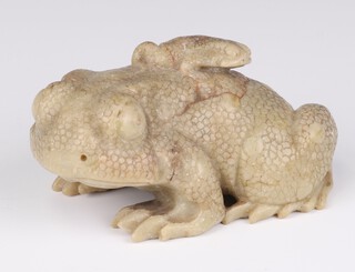 A 19th Century Chinese carved soapstone figure of a toad with baby on its back 10cm
