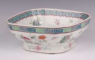 An early 20th Century Chinese pedestal square bowl decorated with flowers and insects 20cm 