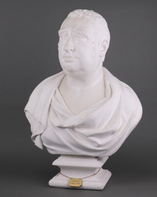 After Joseph Nollekens (British, 1737-1823), a 20th Century white painted plaster portrait bust, of The Hon. Charles James Fox (British, 1749 - 1806), raised on a square base, 69cm h x 38cm w x 23cm d