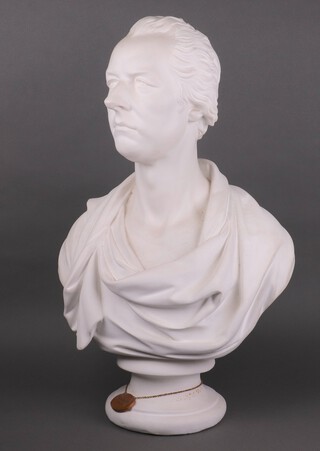 After Joseph Nollekens (British, 1737-1823), a 20th Century white painted plaster portrait bust of William Pitt the Younger (British, 1759-1806)  raised on a circular base, 71cm h x 47cm w x 24cm d