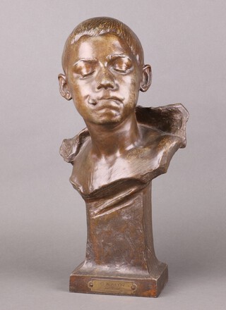 Eduard Telcs (1872-1948), signed Teltsch Ede, a bronzed study of a young boy with cigarette in his mouth, raised on a square base with a plaque "Gamin Par Telsch" 55cm h x 31cm w x 24cm d