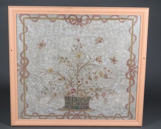 An early 20th Century bead work panel depicting butterflies surrounding a still life of flowers enclosed in a ribbon border 109cm x 120cm 