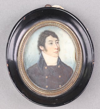 19th Century oval watercolour on ivory, portrait miniature of a gentleman with 6 button coat 7cm x 5.5cm Ivory Exemption Certificate 7VKYRWEL