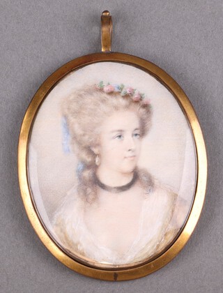 19th Century oval watercolour on ivory, portrait miniature of a lady wearing pearl earrings 7.5cm x 6cm, Ivory Exemption Certificate DW12 VVH9