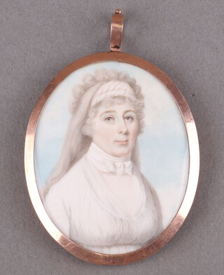 19th Century oval watercolour on ivory, portrait miniature of a lady wearing a white dress 7cm x 5cm, with plaited hair reverse, Ivory Exemption Certificate 8Q9F114Y