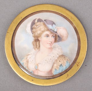19th Century circular watercolour on ivory, portrait miniature of a lady, 7cm Ivory Exemption Certificate XPRDEZA7