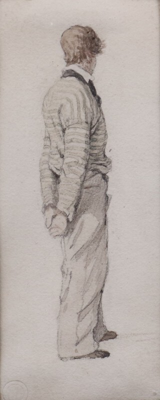 Edward Duncan (British 1803-1882), watercolour of a sailor in a striped blue jersey, monogram stamp, label on verso 9.5cm x 4cm 