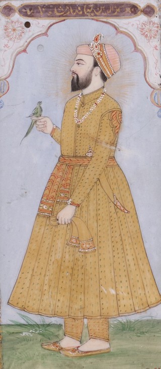 19th Century Indian watercolour, standing gentleman holding a bird, 11.5cm x 5cm 