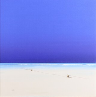 Barry Hilton Pannell (British, b.1941), oil on canvas signed Hilton, modernist beach scene 60cm x 60cm 