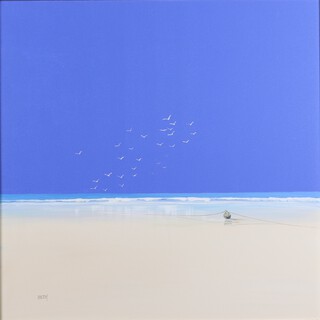 Barry Hilton Pannell (British, b.1941), oil on canvas signed Hilton, modernist beach scene with seagulls 60cm x 60cm, label on verso 
