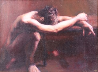 **Cherylene Dyer, (British b.1937), signed, oil on linen, study of a sitting naked man, label on verso "Praying for Peace" 28cm x 39cm ** Please Note - Artists Re-Sale Rights may be payable on this lot 
