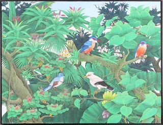 M Mustlana, oil on canvas, exotic birds amongst trees and flowers 68cm x 89cm 