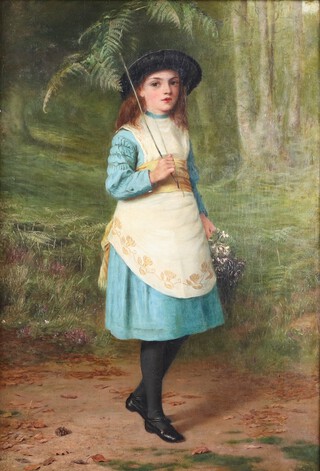 19th Century oil on canvas, relined, study of young girl in a woodland setting  holding a basket of flowers, 62cm x 43cm 