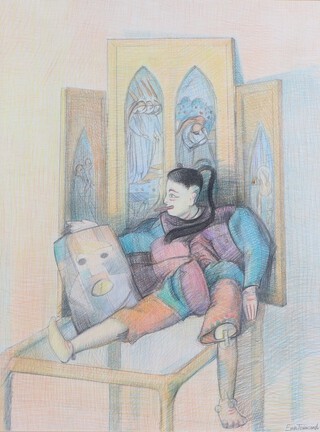Erin Townsend, (British b.1957), coloured pencil drawing, label on verso "Thai Puppet with Burne-Jones Tryptich",  Royal Academy Summer Exhibition label and gallery label, 58cm x 38cm