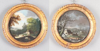 19th Century Continental circular oils on board, a pair, summer rural scene and winter rural scene with figures, 15cm diam. 