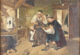 A 19th Century oil on copper, unsigned, interior scene with a toy maker and family, a boy firing an arrow at a target 22cm x 32cm 