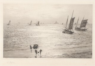 William Lionel Wylie (1851-1931), etching signed in pencil,  beach scene with fishermen landing a catch and St Michael's Mount in the background 17cm x 24cm 