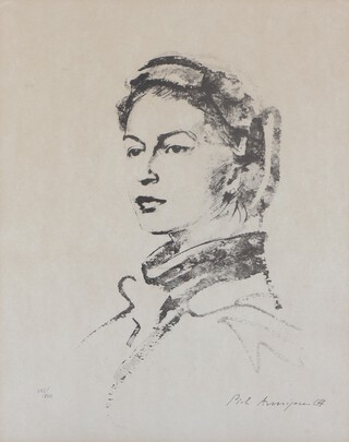 ** Pietro Annigoni (Italian 1910-1988), limited edition print, Queen Elizabeth II (1964) no.555/850 37cm x 30cm, together with paperwork, postcard and a facsimile letter on verso ** Please Note - Artists Re-Sale Rights may be payable on this lot 