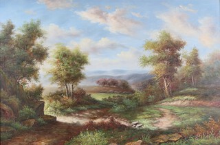 P Wilson, oil on canvas signed, extensive country landscape with distant hills 60cm x 90cm 