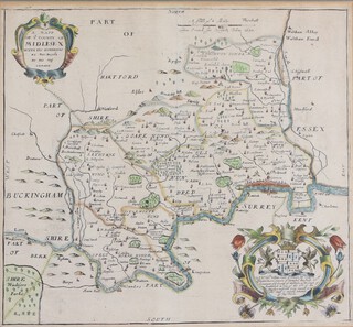Richard Blome (1635-1705), " a mapp of Y county of Midlesex with its hundreds by Ric Blome by His Maj Comand " coloured borders and vignette 29cm x 31cm 