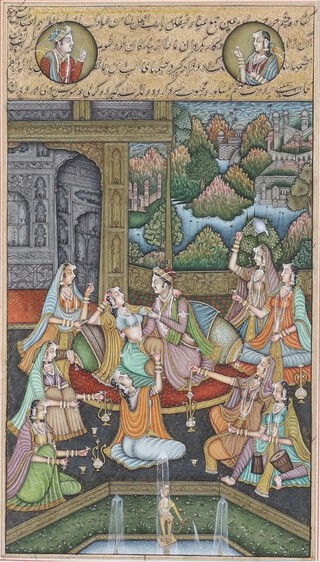 19th Century Indian watercolour, couple with attendants in an interior scene with script and double portraits of a lady and gentleman 22cm x 12cm, facsimile script on verso 