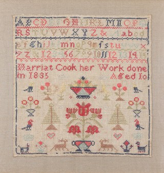 Sampler, 19th Century with alphabet and numbers with birds, deer, dogs, trees, Harriat Cook her work done in 1835 aged 10, 31cm x 30cm 