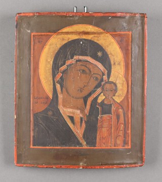 19th Century Icon, painted on wood, The Virgin and Child, monogrammed MP 32cm x 27cm 