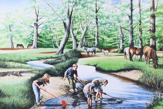 Graham Munt, (British), watercolour signed, children with fishing nets in a woodland stream and landscape with horses 37cm x 56cm 