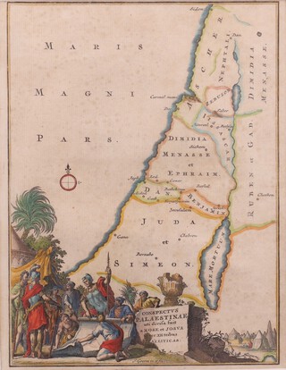 Jan Goeree (Dutch 1670-1731), coloured etching, map of Palestine with vignette 19cm x 14cm 