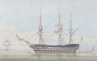 19th Century watercolour unsigned,  HMS Victory and distant town, 26cm x 41cm 